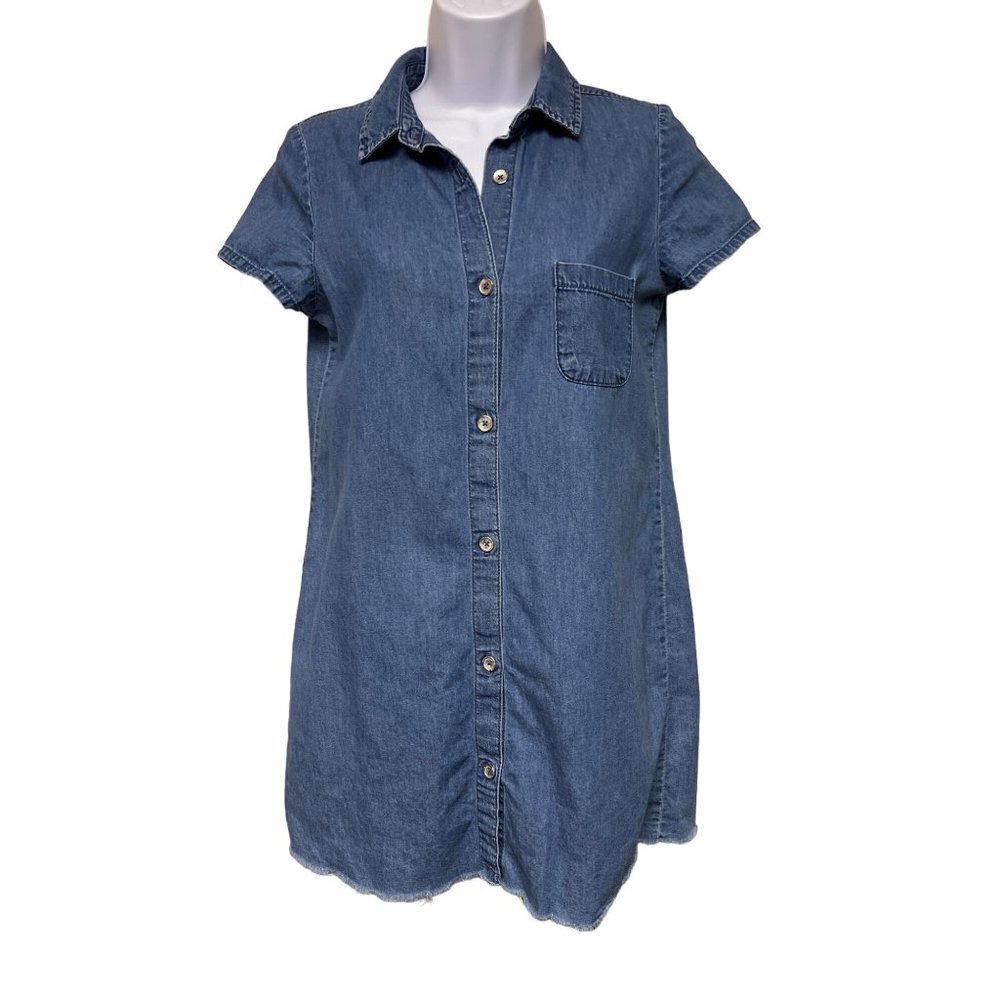 Zara Trafaluc Short Sleeve Denim Dress Button Front Closure Women's Size Medium